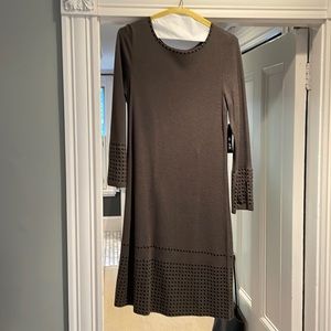 Nic and Zoe moss green dress with stud detailing on neck, wrists and bottom